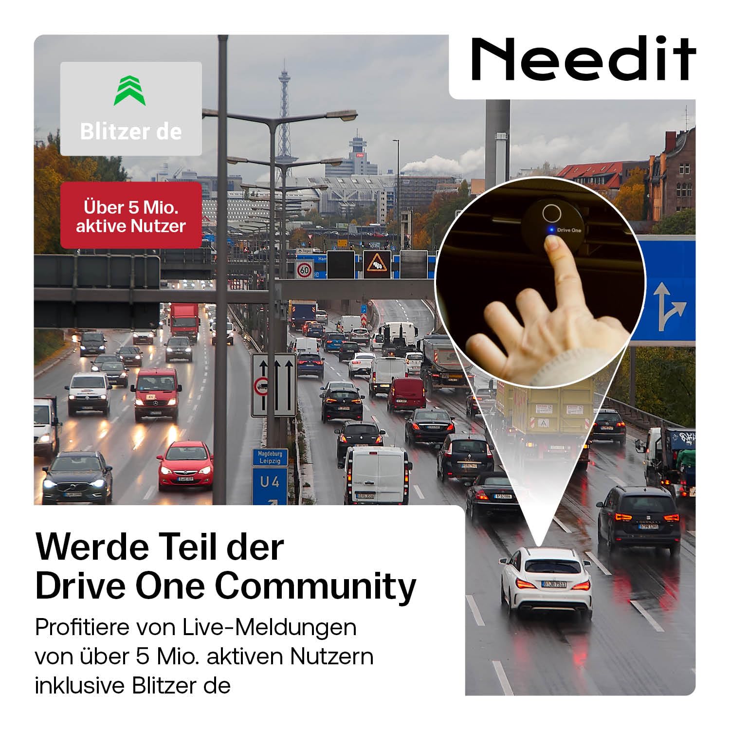 Needit Drive One 2 Verkehrswarner [Neues Modell 2026] I Warnt vor Kontrollen und Gefahren im Straßenverkehr I LED Anzeige automatisch aktiv I Daten von BlitzerApp 5