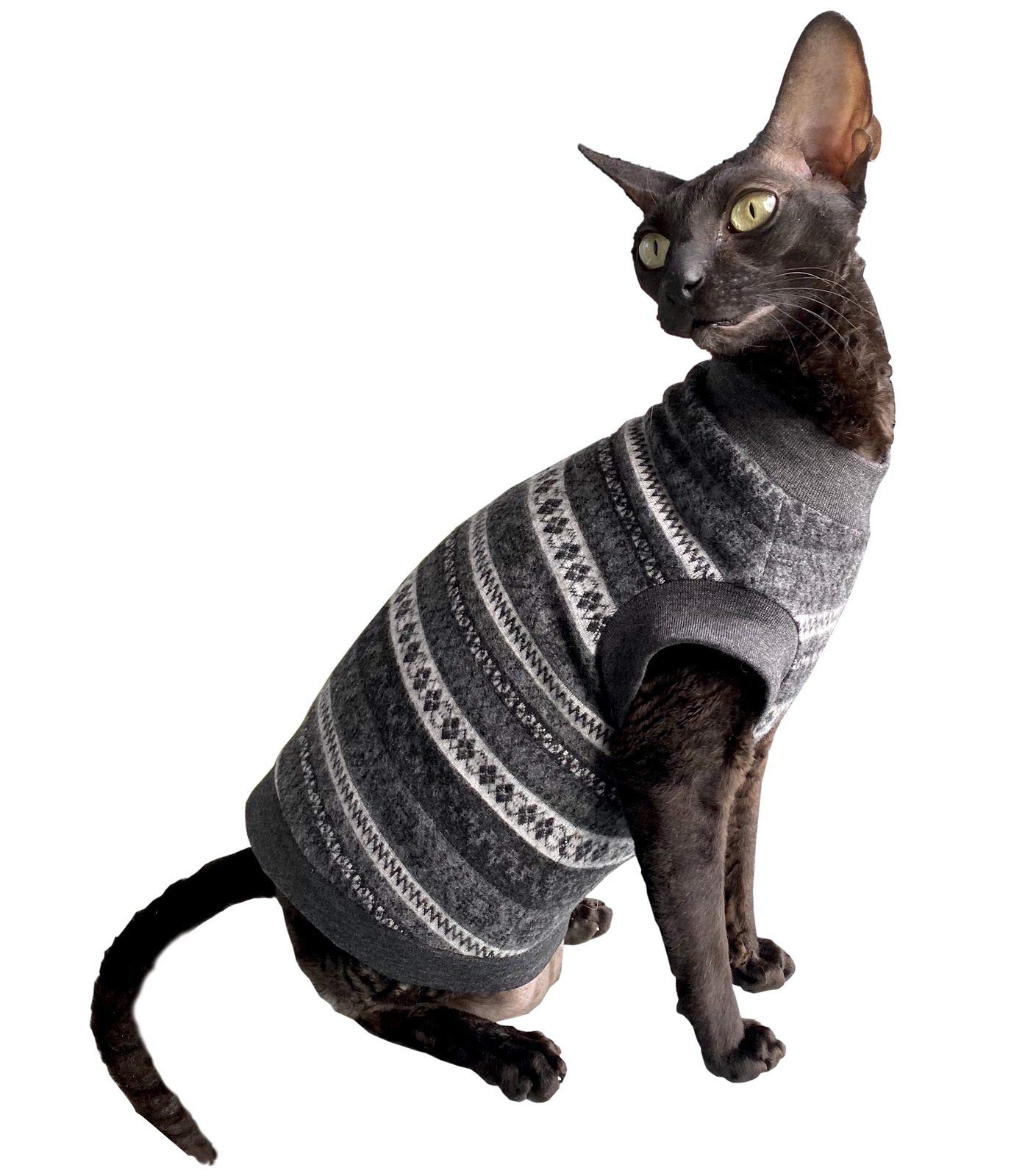 Kotomoda cat's Winter wool sweater Grey patterns Naked Cat Hairless Sphynx Cat Clothes (S)