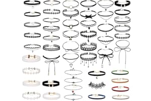 Voittozege 52 Pcs Choker Necklace Sets,Black Lace Tattoo Velvet,Adjustable Classic Black Chokers with Pendant, Black Velvet C