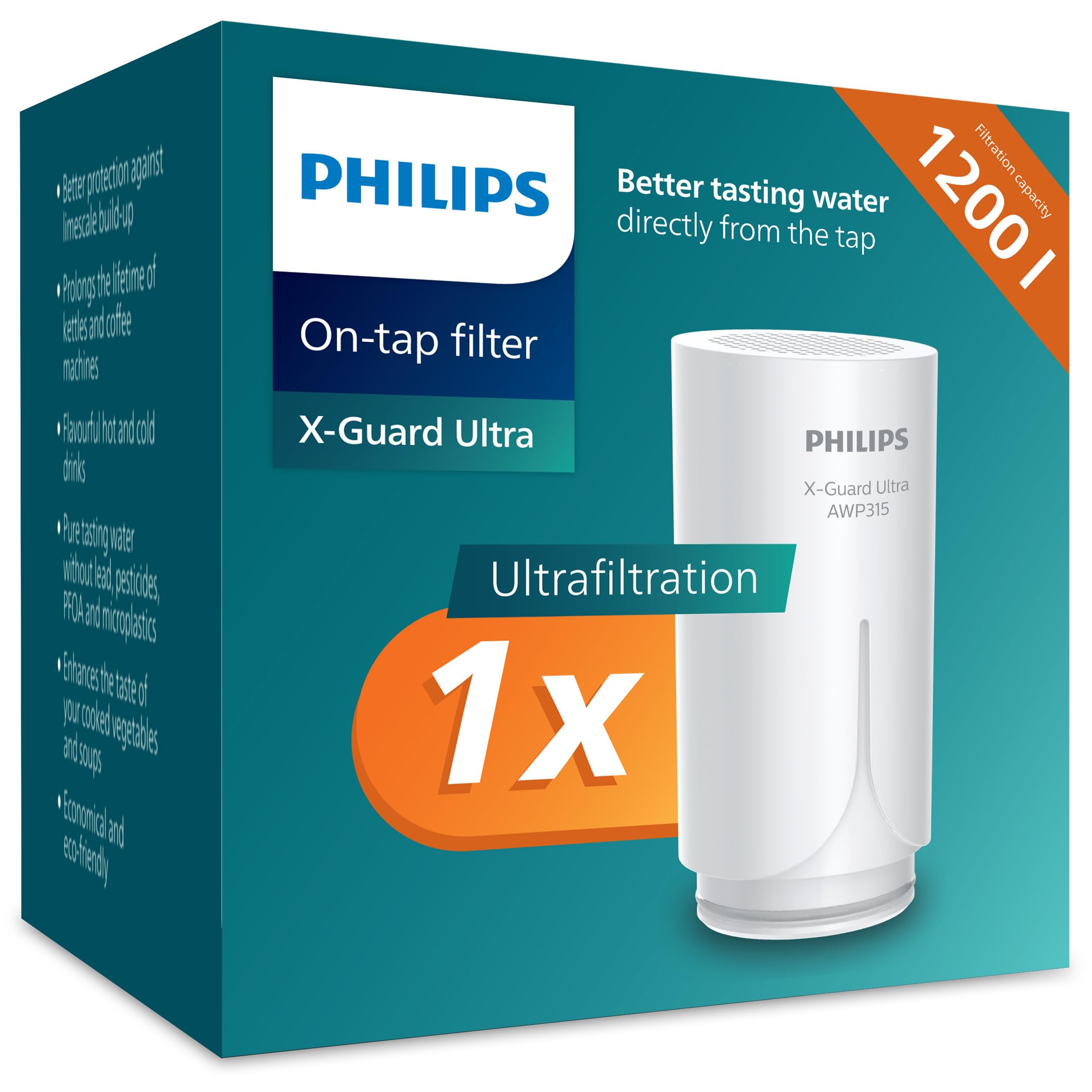 PHILIPS Water X-Guard On Tap Water Filter Cartridge, AWP315, Removes up to 99% of Bacteria, 1200 Litre capacity, Plastic, 1 piece, 2 years warranty, NSF certified