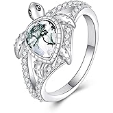 KZX Sea Turtle Ring 925 Sterling Silver Moss Agate Turtle Ring Jewelry Gift for Women Size 6/7/8/9