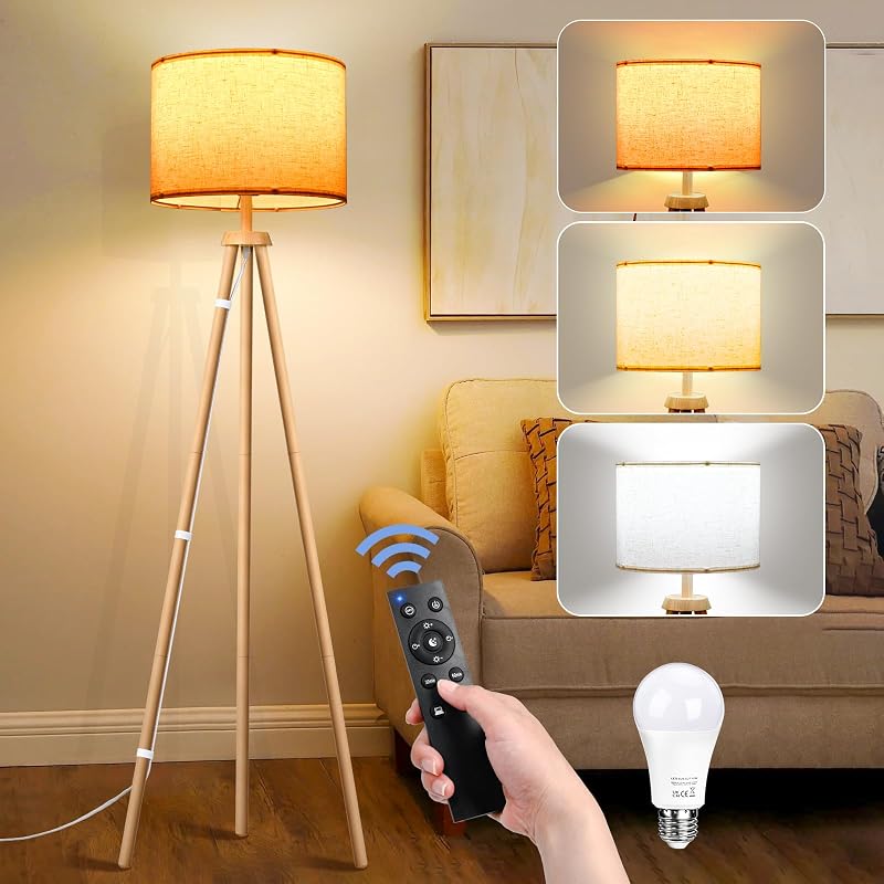 Lampadaire Trépied LED Dimmable, Ampoule E27 12W Fournie Lampe sur Pied en Bois avec Télécommande et Interrupteur à Pied, 3 Températures de Couleur Lampadaire Salon