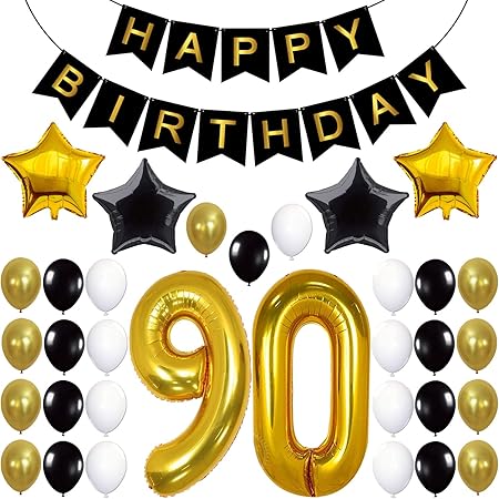Decorazioni Per Festa Di 90 Compleanno Striscione Con Scritta In Inglese Happy Birthday Lingua Italiana Non Garantita Palloncini Neri E Dorati Ideale Per 90 Anni Amazon It Casa E Cucina