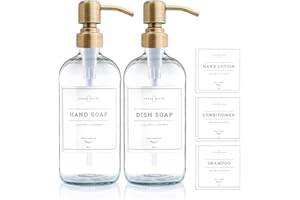 Vine Creations Clear Glass Soap Dispenser, 2 Pack Kitchen Soap Dispenser Set with Stainless Steel Pump, 16 oz Dish Soap and Hand Soap Dispensers for Bathroom with Waterproof Labels