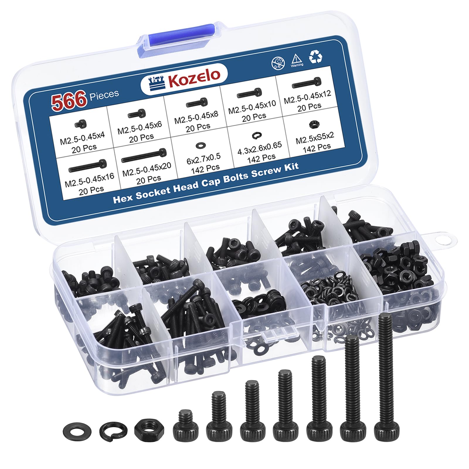 Kozelo 566pcs M2.5 Socket Head Cap Screws Bolts Nuts Assortment Kit - [M2.5x4/6/8/10/12/16/20mm] Alloy Steel Fully Threaded Black Oxide 12.9 Internal Hex Screw for 3D Printer Use