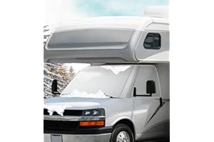 VANNCAMP RV Windshield Cover for Chevy Motorhome 2001-2020, Thick Oxford Front Window Sunshade, Class C RV Windshield Cover for Ice & Snow, Gray with Mirror Cutouts