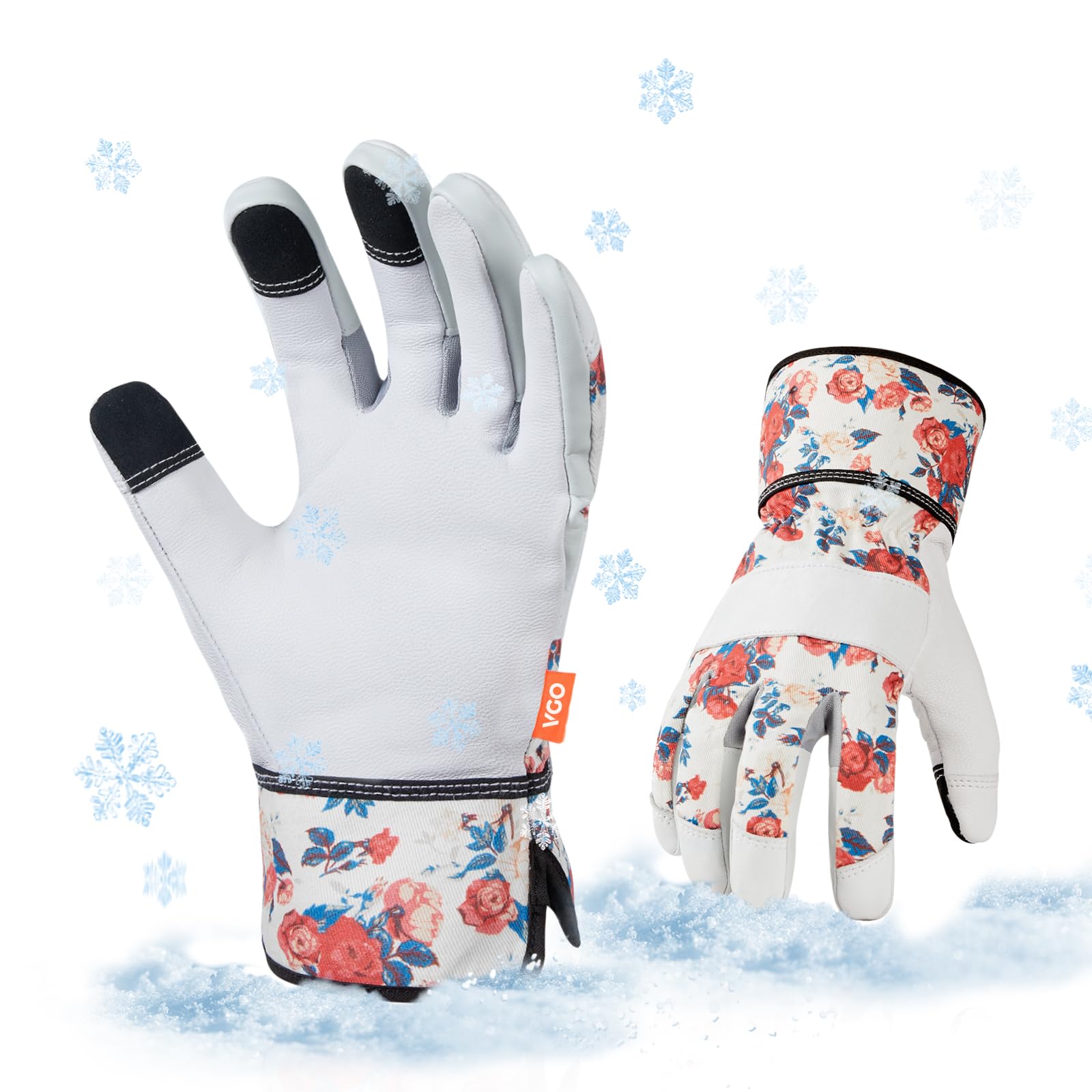 Vgo... 5℃/41°F Winter Work Goat Leather Gloves, Cold Weather Gardening Gloves 1Pair GA3561FL-ML(White,S)
