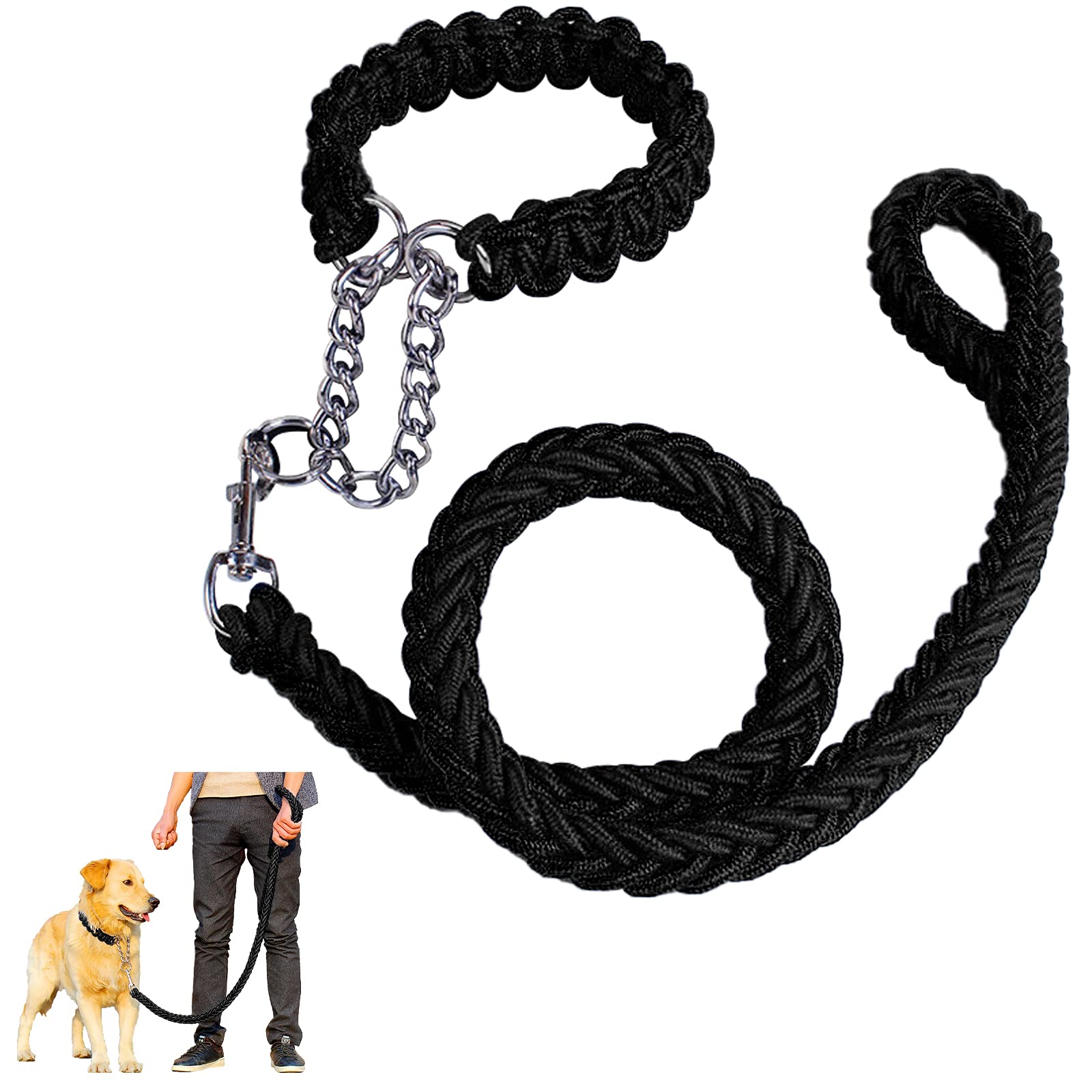 Dog Rope Heavy Duty Dog Woven Leash Collar Set Nylon Eight Strand Braided Lead Pet Walking Training Rope Non-slip Handle Collar for Small Medium Large Dogs (Black, XL)