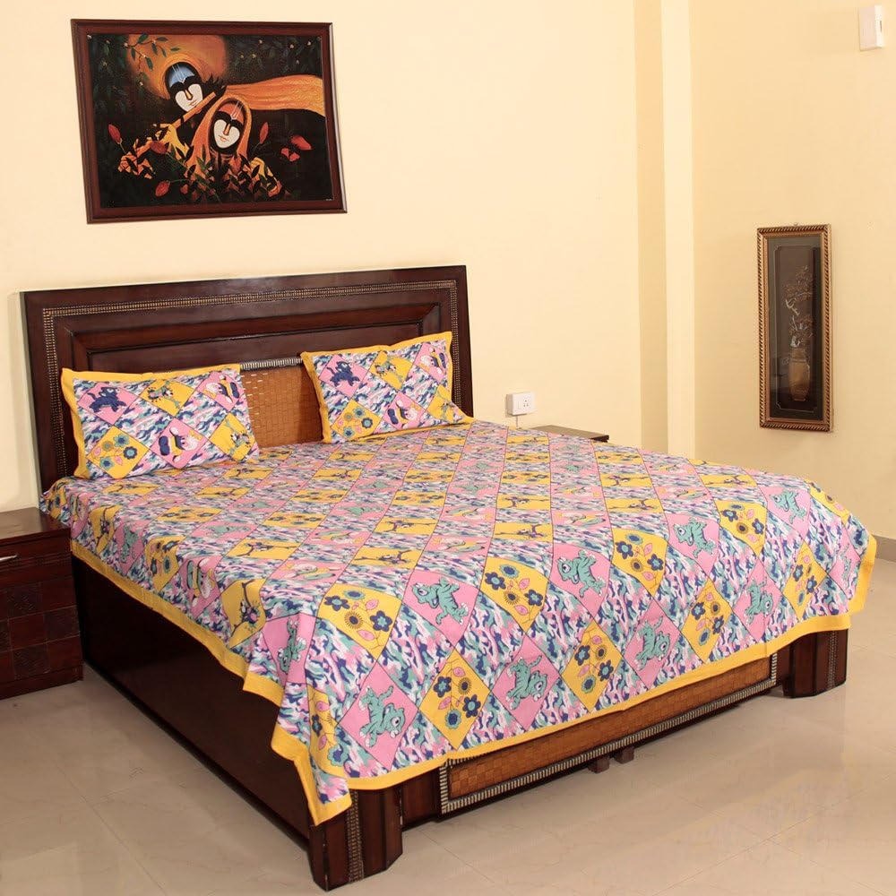 Royal Handicrafts Traditional Hand Printed Ethnic Jaipuri Bedsheet - Yellow