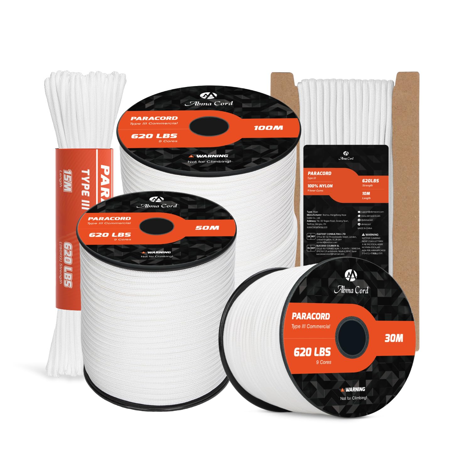 Abma Cord Paracord 4mm 15m 100% Nylon Rope 9 Strands Type III Parachute Cord for DIY, Camping, Survival, Outdoor - Max. 280kg - White