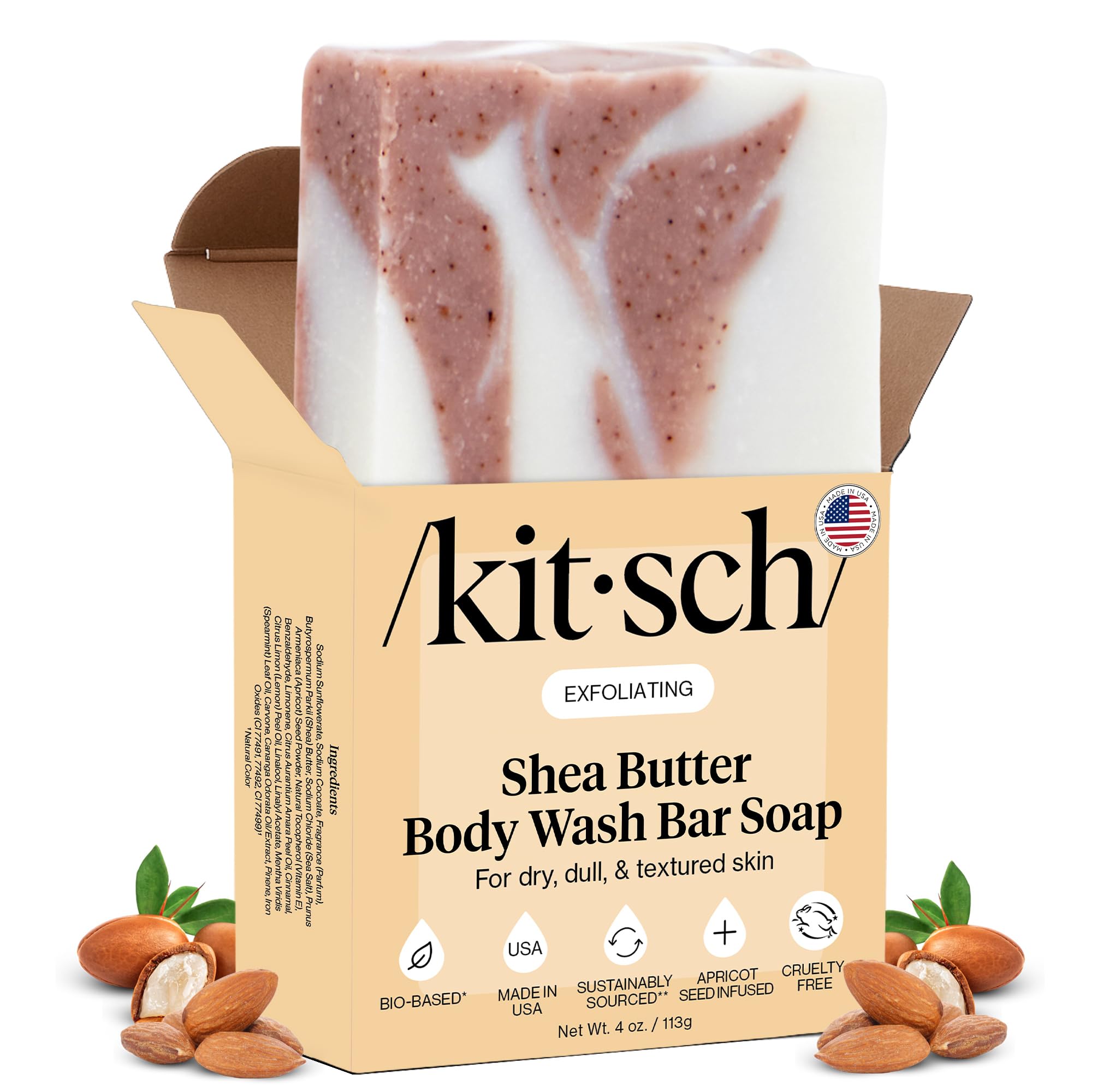 Kitsch Shea Butter Exfoliating Body Wash Bar 113g – Moisturizing Bar Soap & Gentle Soap Bar with Plant-Based Exfoliants – Hydrates, Softens & Soothes Skin –Paraben, Silicone & Sulfate-Free