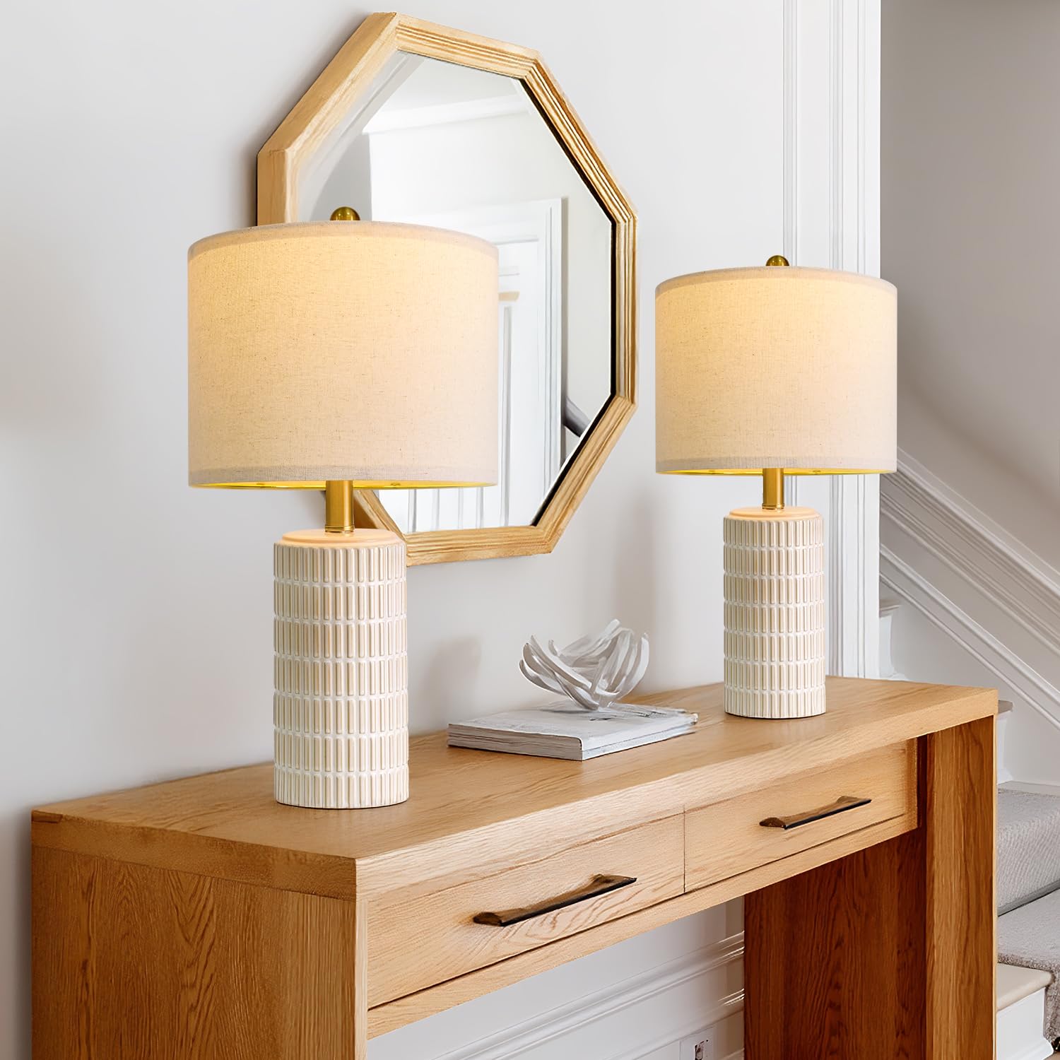 Photo 1 of PoKat 20.75" Small Modern Ceramic Table Lamps Set of 2 for Bedroom, White Bedside Lamps for Night Stands, Farmhouse Desk Decor Nightstand Table Lamps for Living Room End Table Beige