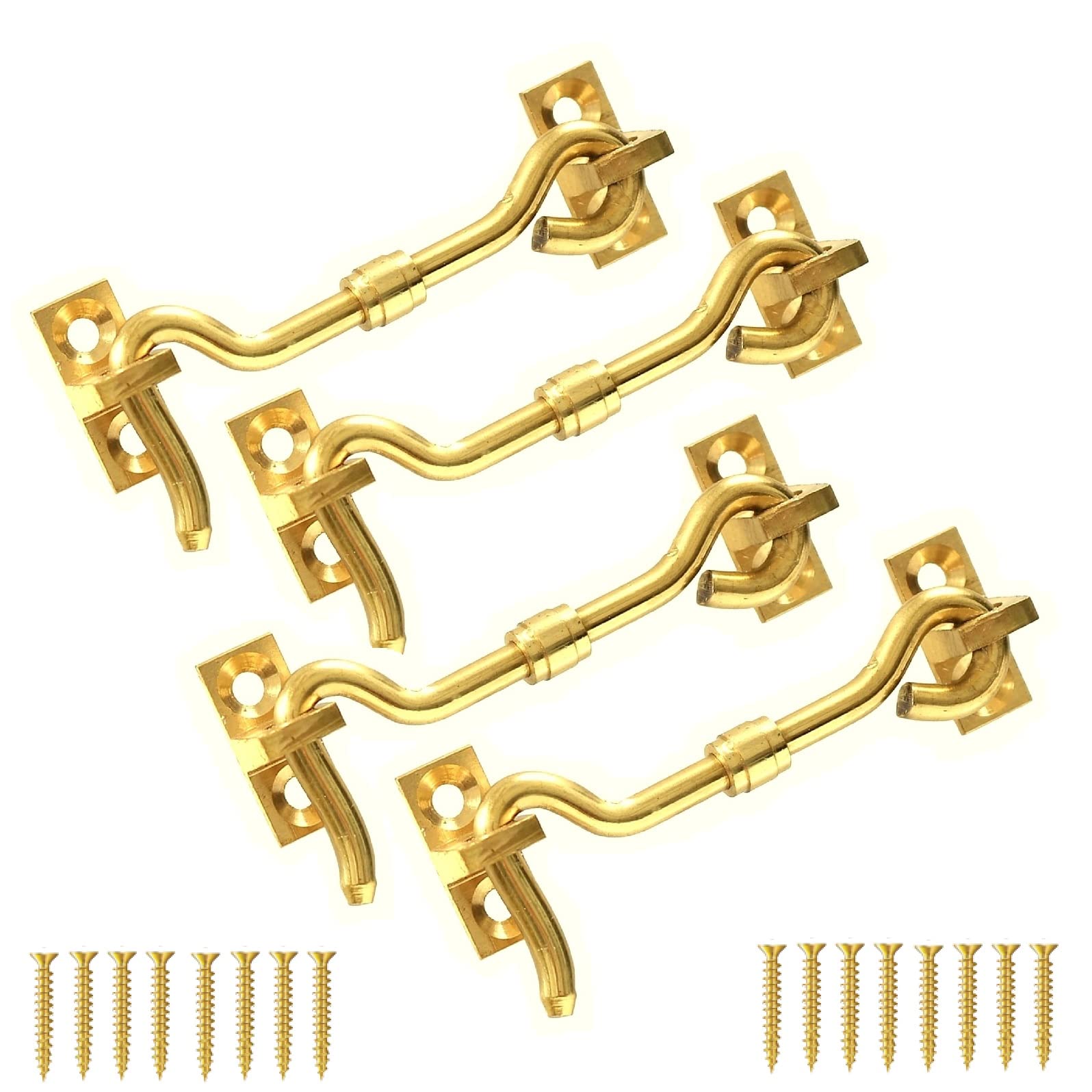 TERF® 100mm Polished Brass Cabin Door Hook and Eye Lock 100mm (4 inch) Cabinet Latch including Fixing Screw For Door Gate Window Closet Shed Latch - Pack of 4