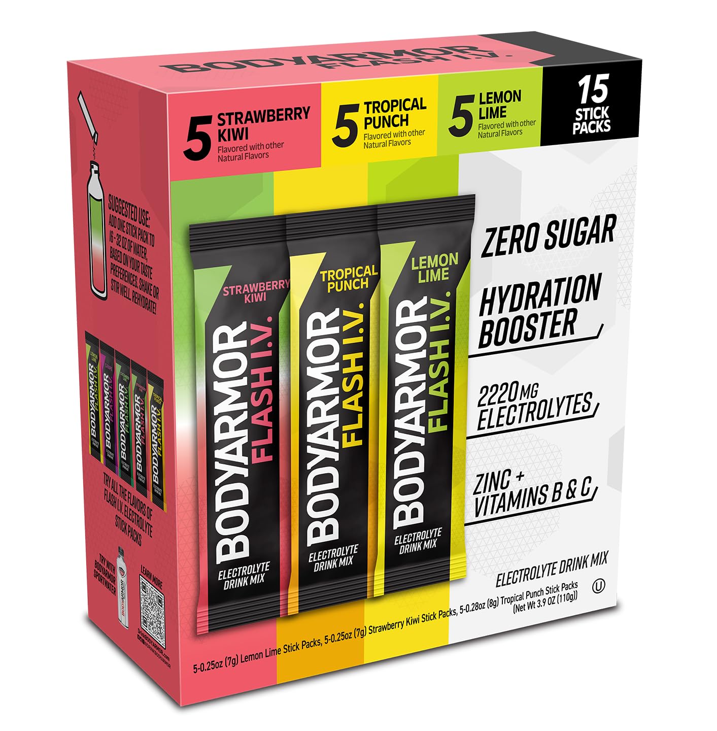 BODYARMOR Flash IV Electrolyte Packets, Strawberry Kiwi, Lemon Lime, & Tropical Punch Variety Pack – Zero Sugar Drink Mix, Single Serve Packs, Coconut Water Powder (15 Count)