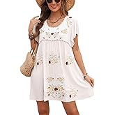 Higustar Boho Floral Embroidered Dress for Women Summer Traditional Fiesta Ruffle Sleeve Mexican Style Short Dresses