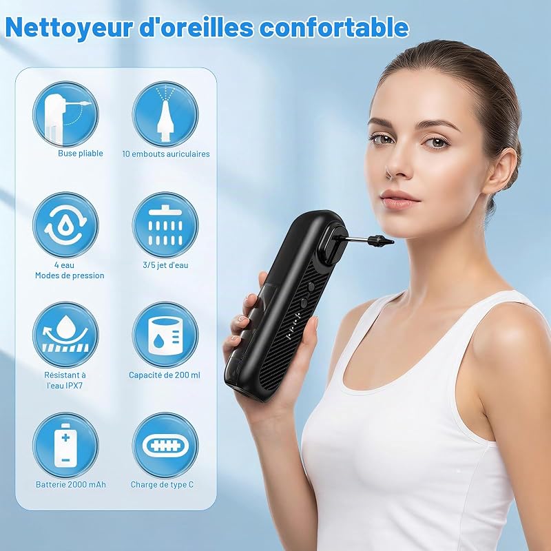 Nettoyeur Oreille Électrique, Kit d’Élimination du Cérumen avec 5 Modes de Nettoyage, Irrigation Oreille avec Écran LCD, IPX5 Étanche, Réservoir 200ml, Recharge USB-C