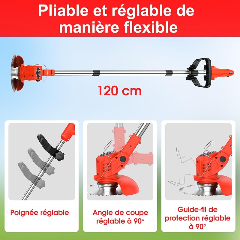 Débroussailleuse Electrique sans Fil 21V, avec 2 pièces Batterie et 4 Types de Lames Débroussailleuse à Gazon sans balais,légères et à Faible Bruit,pour Jardin Élagage,Pelouses et Terres Agricoles — photo 7 sur 8