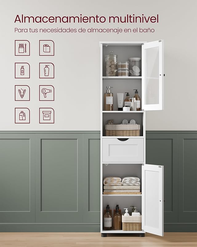 Mueble Baño, Armario Alto, Puerta de Cristal, Estrecho, con Patas