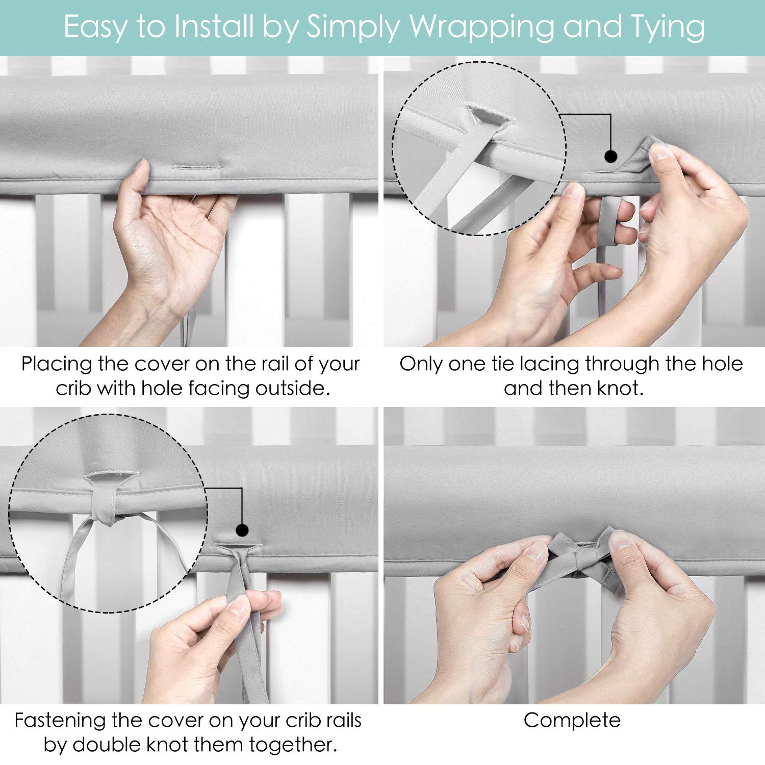 TILLYOU 3-Piece Padded Baby Crib Rail Cover Protector Set from Chewing, Safe Teething Guard Wrap for Standard Cribs, 100% Silky Soft Microfiber Polyester, Fits Side and Front Rails, Pale Gray: Baby