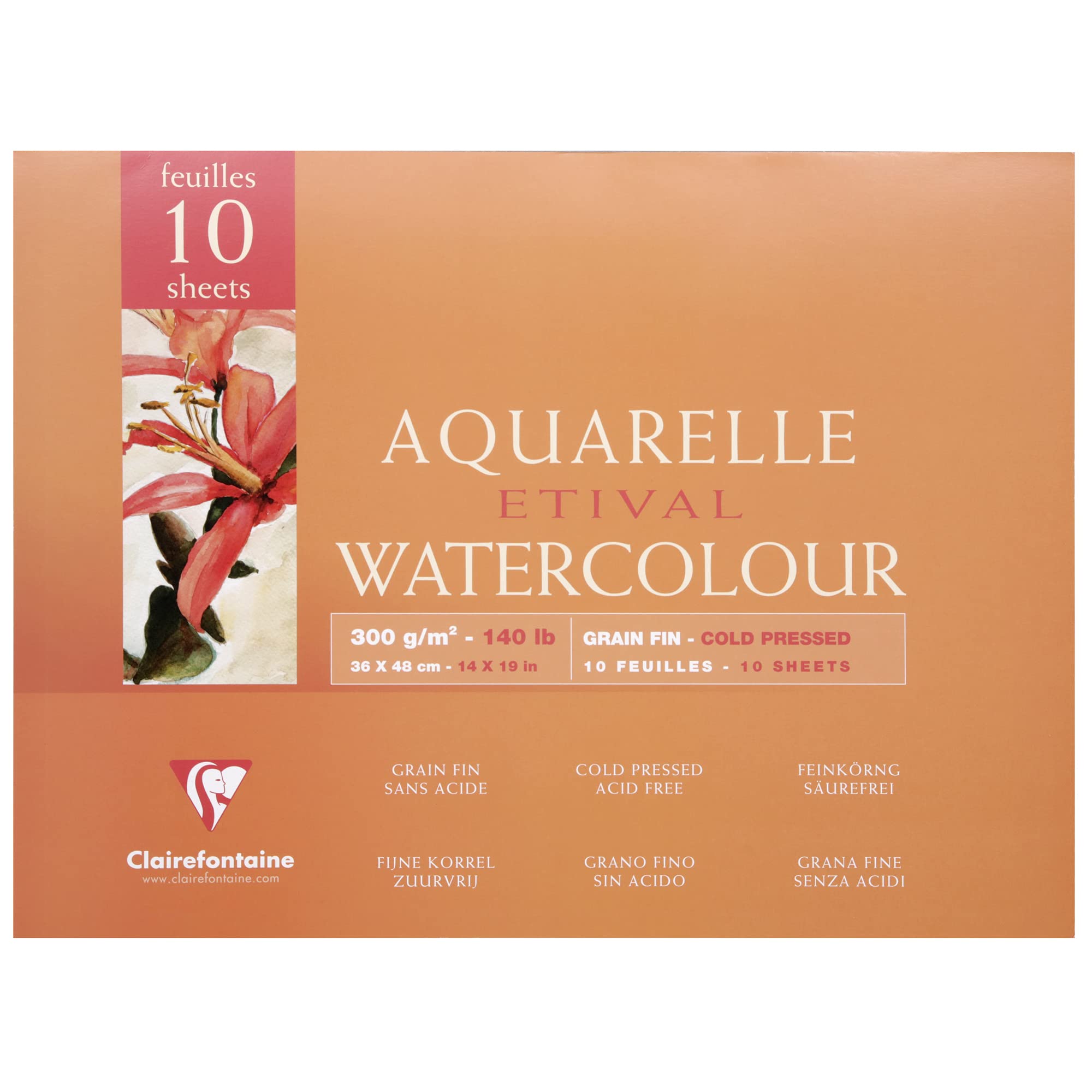 Clairefontaine - Ref 96573C - Etival Cold Pressed Glued Watercolour Painting & Drawing Pad (10 Sheets of Paper) - 36 x 48cm - 300gsm Cellulose Art Paper