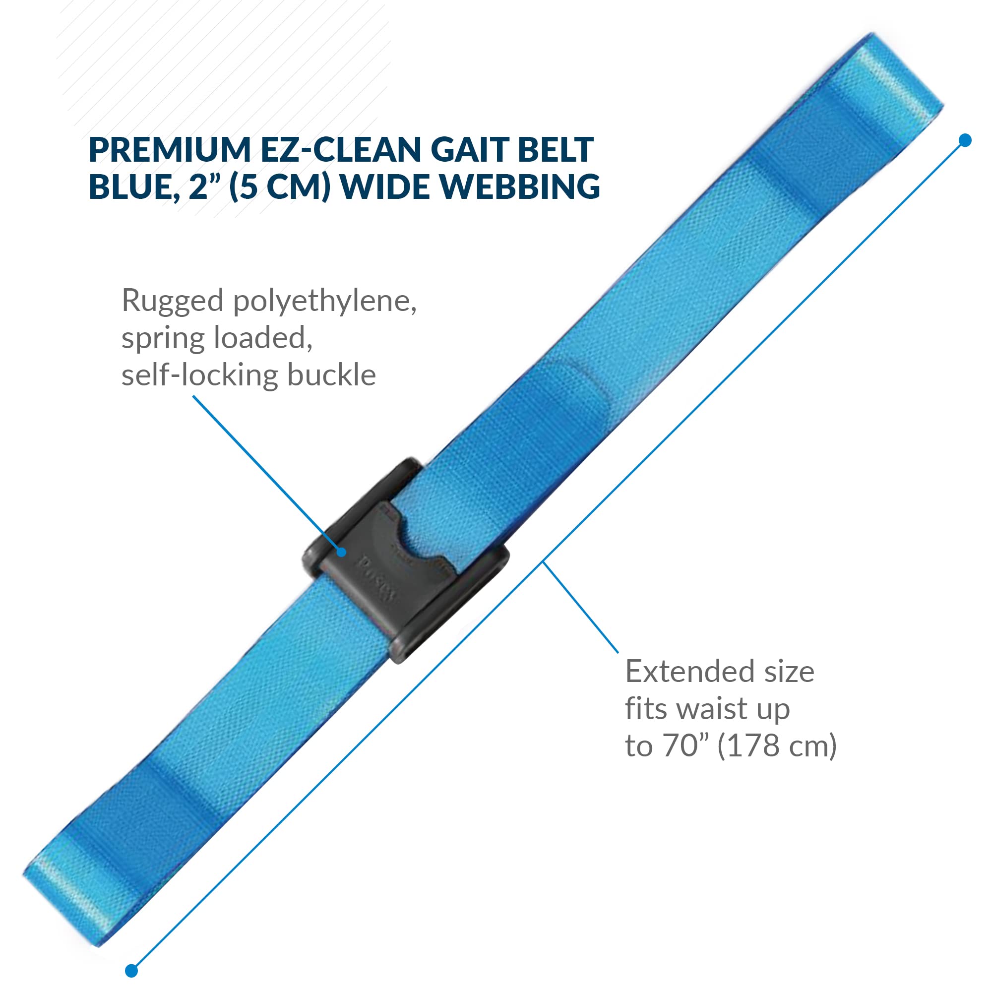 Posey 6546BL Premium EZ Clean Gait Belt with Spring-Loaded Buckle, Blue, 80