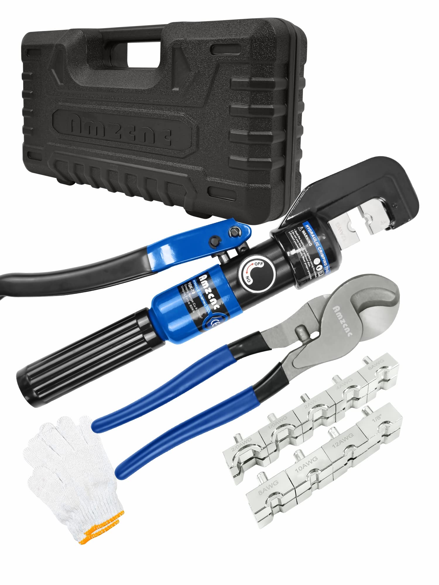 AMZCNC Hydraulic Crimping Tool Max.10T with 9 Dies of 4-70mm² in Thick Chrome, Insulated Handle, Steel Body, Ideal for Terminating Copper/Aluminum Lugs Terminals (10T(4-70mm²)+Cut)