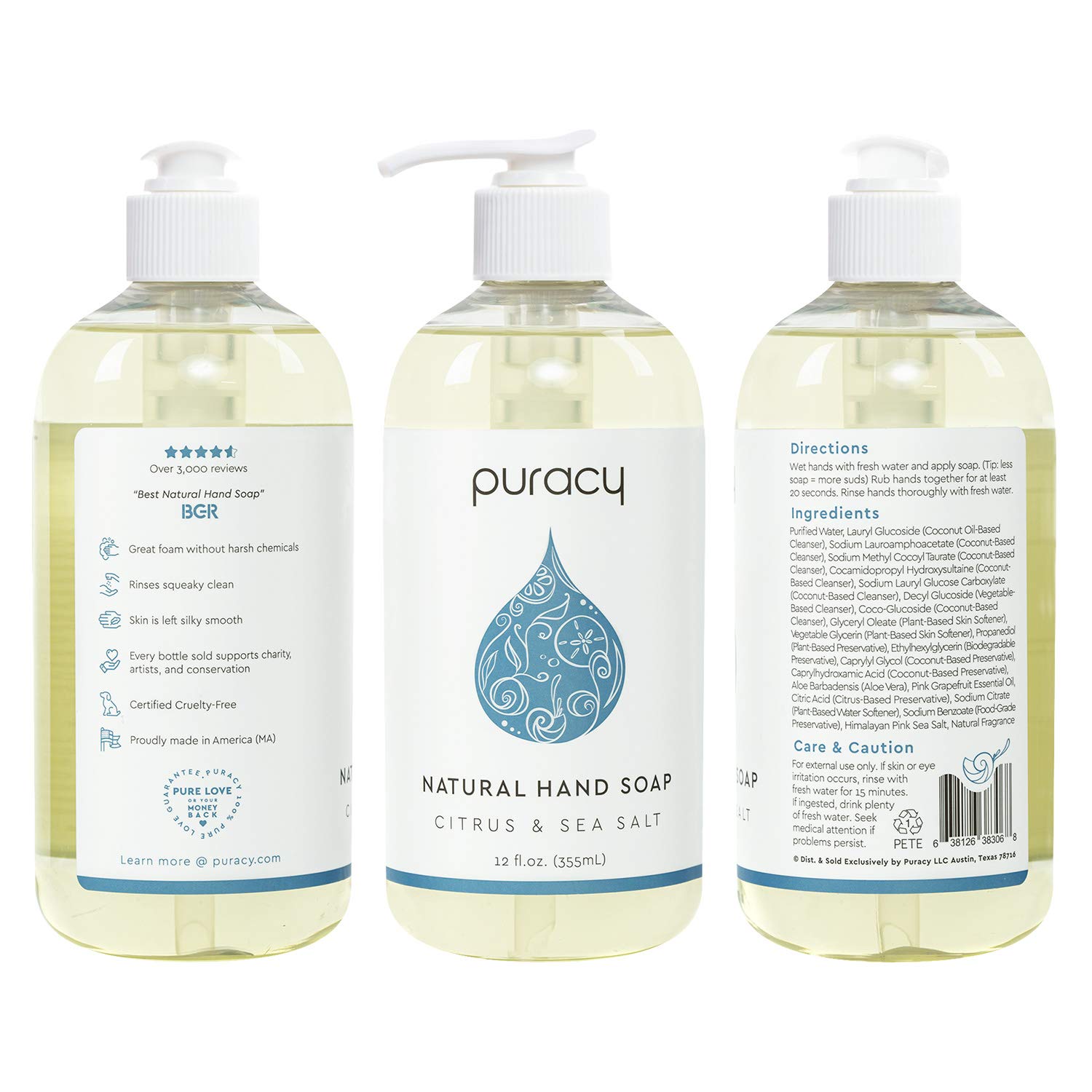 Puracy Natural Gel Hand Wash, Citrus & Sea Salt, Rich Foam, Easy Rinsing, Skin Softening, 12 Fl Oz (4-Pack) : Beauty