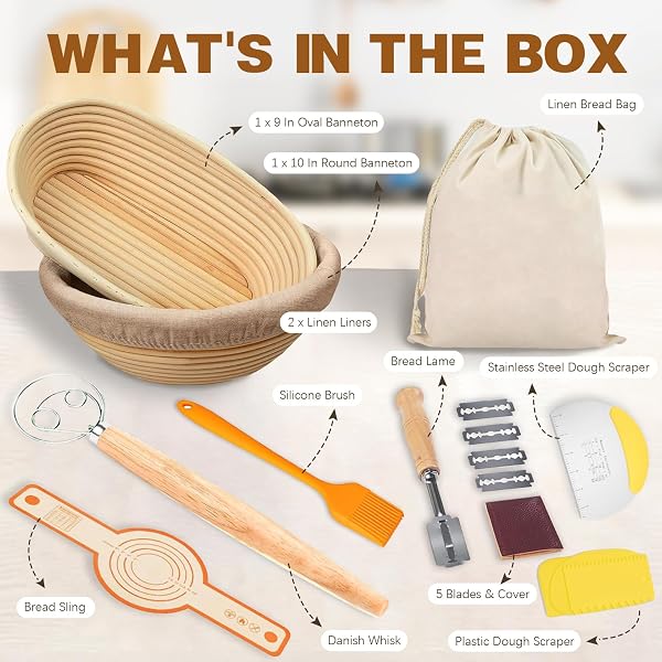 HZPOINTONE BANNETON PROOFING BASKETS SET OF 2, SOURDOUGH BAKING SUPPLIES, BREAD MAKING KIT – 9″ OVAL & 10″ ROUND WITH SILICONE SLING, NATURAL, BPB001