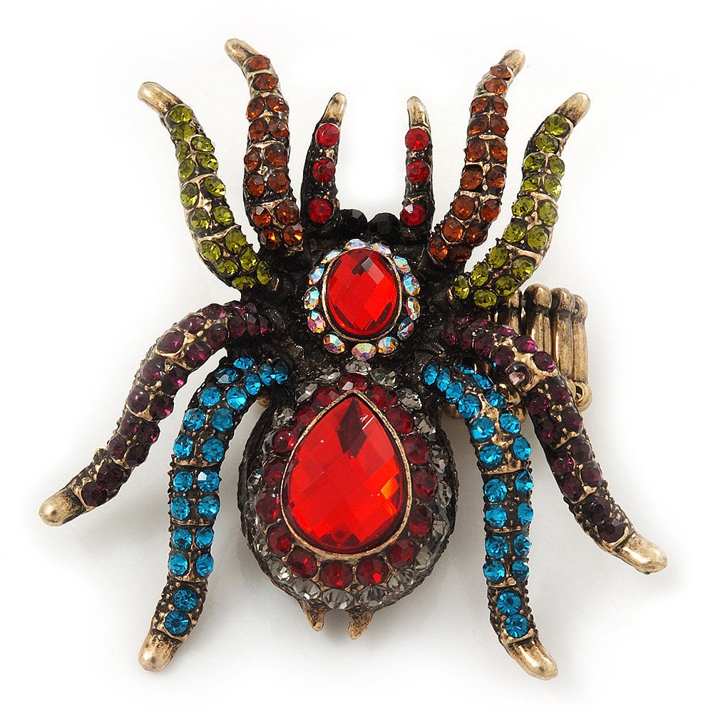 Avalaya Oversized Multicoloured Crystal Spider Stretch Ring/Aged Gold Tone/ 6cm Long
