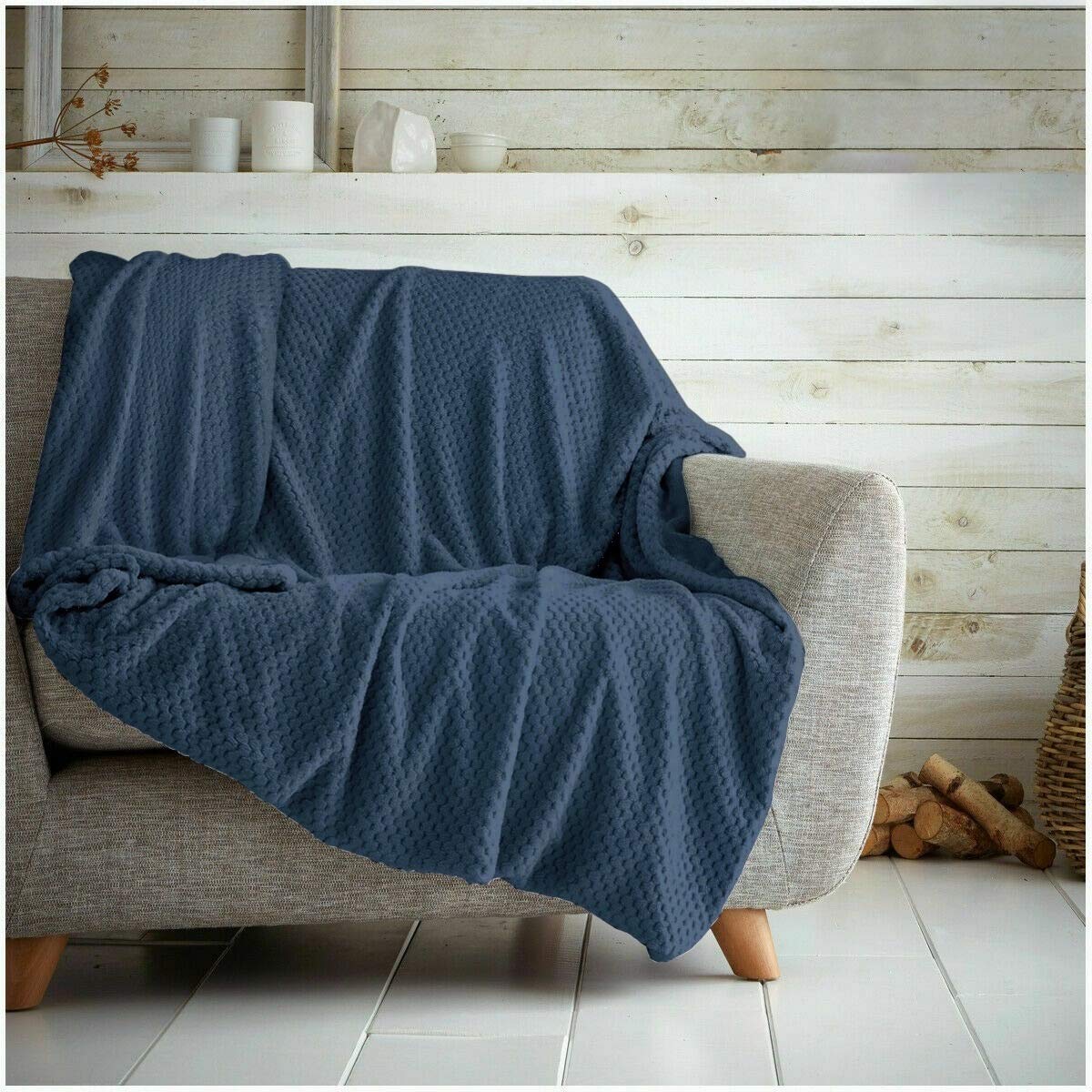 Kinfolk Textile Waffle Throw Honeycomb Blanket Soft Warm Cuddly Sofa Travel Bedspread (Navy Blue, Single - 125 x 150cm)