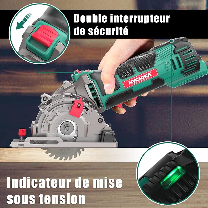 HYCHIKA 500W Mini Scie Circulaire, 4500RPM, Profondeur de coupe: 0-25mm, Moteur en Cuivre Pur, 3 Lames pour les coupes de bois, de métal mou, de carreaux et de plastique