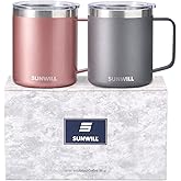 SUNWILL Travel Coffee Mug with Lid, Insulated Tumbler with Handle, 14 oz Stainless Steel Cup Set of 2 for Camping, Outdoor, Cool Grey & Rose Gold 2 Pack