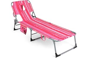 GYMAX Tanning Chair, Folding Beach Lounger with Face Arm Hole, Adjustable Backrest, Side Pocket & Carry Handle, Outside Sunbathing Lounge Chair for Patio, Poolside, Lawn (1, Pink Stripe)