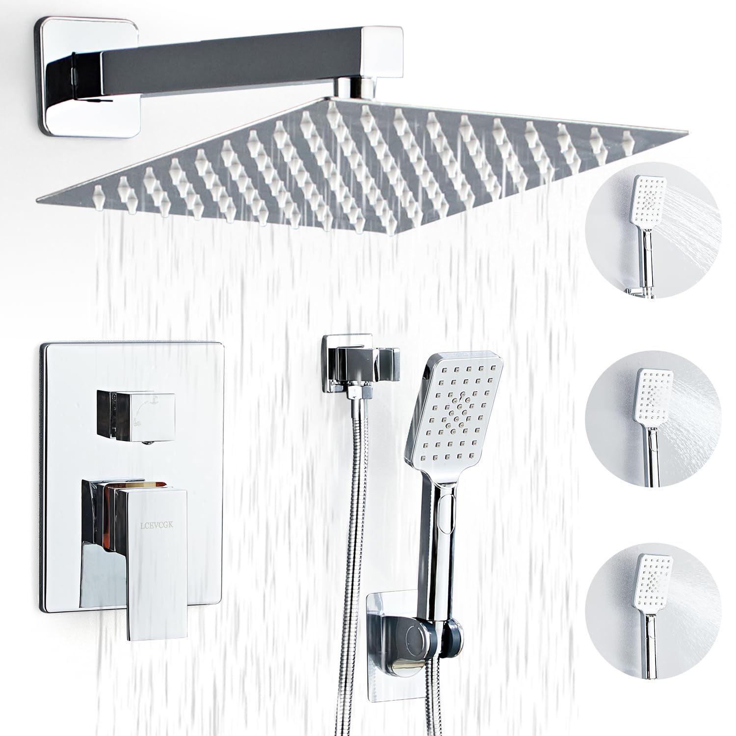 Photo 1 of LCEVCGK Shower System, Shower Faucet Set Complete Square Rain Shower Combo Set with 8 inch Rainfall Shower Head System Bathroom Wall Mounted 3-Setting Handheld Shower,Chrome