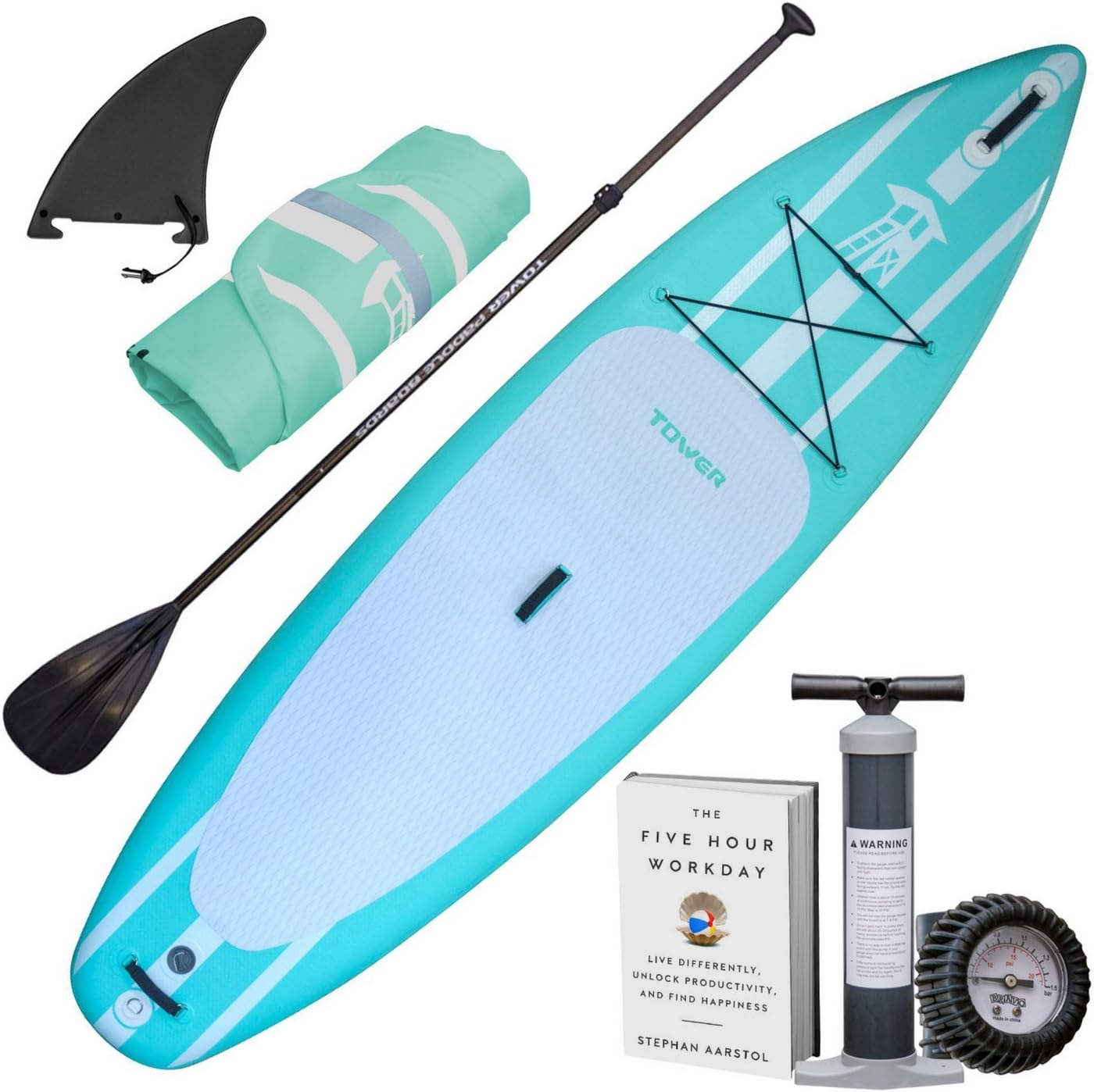 TOWER Inflatable 10’4” Stand Up Paddle Board - (6 Inches Thick) - Universal SUP Wide Stance - Premium SUP Bundle (Pump & Adjustable Paddle Included) - Non-Slip Deck - Youth and Adult - Adventurer 2