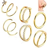 Quelay 6 Pcs Nose Rings Hoops Double Nose Ring Hoop Earrings for Women Single Piercing 16g 18g 20g Hinged CZ Piercing Jewelry Gold-plated Copper Tragus Septum Clicker Spiral Twist 8mm