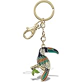 Aqua79 Toucan Keychain - Brown Sparkling Rhinestones Charm, Fashionable Stylish Polyester PU Wild Life Gold Key Ring Bling Jewelry Accessory with Clasp For Key Chain, Bag, Purse and Backpack