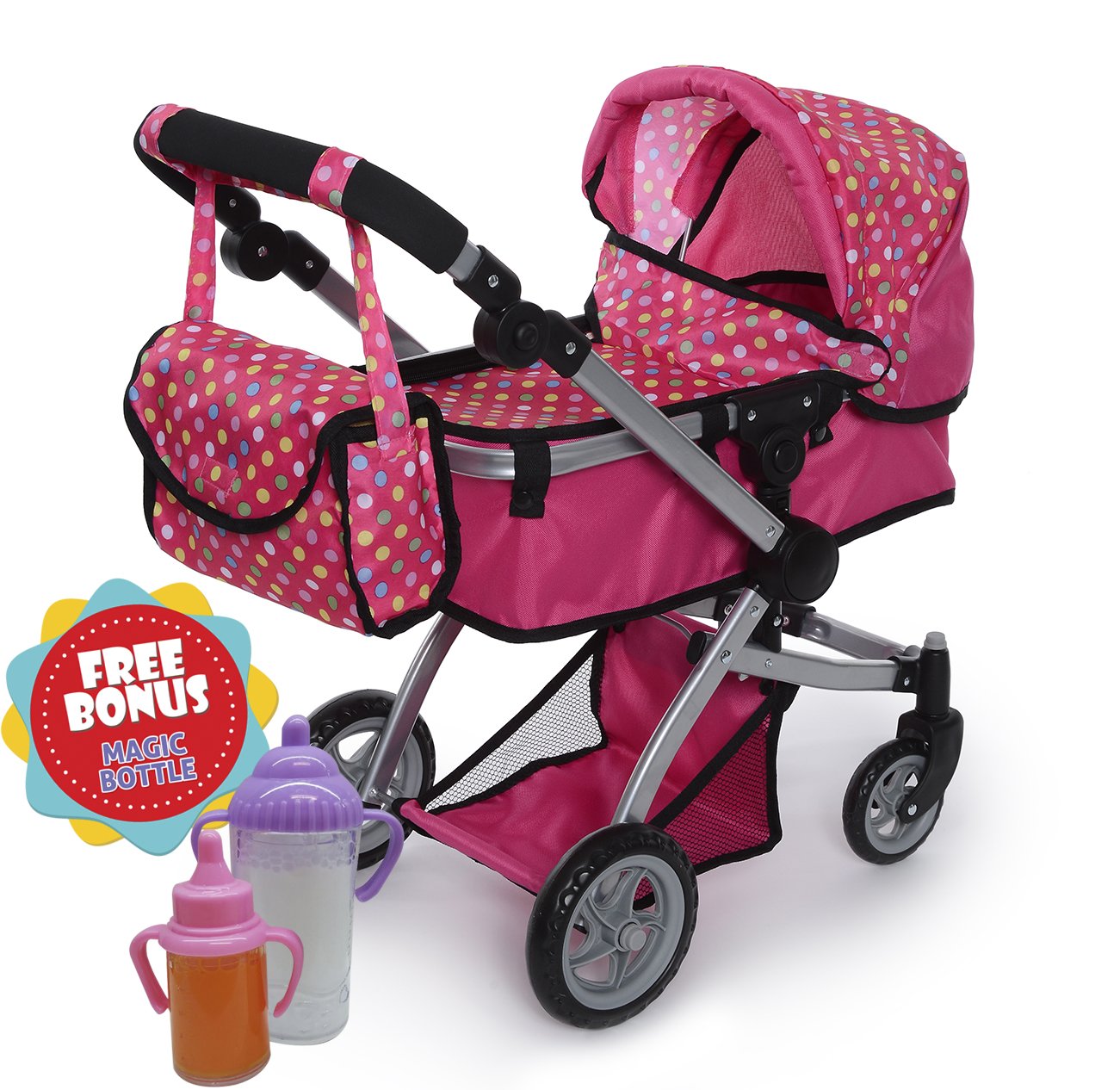 Exquisite Buggy Deluxe POLKA DOTS Doll Pram Stroller with Swiveling