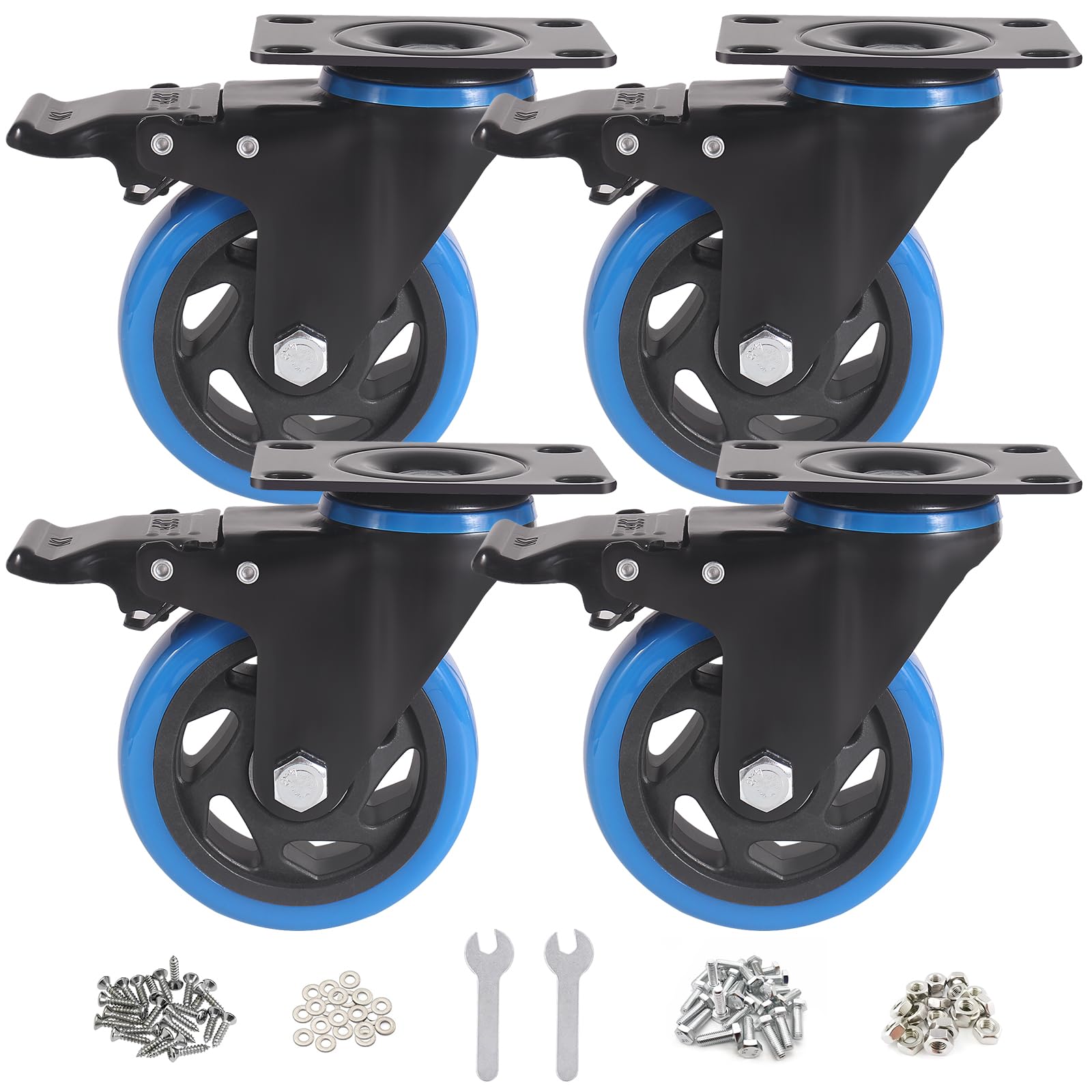 BAOLIHUI Heavy Duty Swivel Casters 100 mm, Set of 4 with Brakes - Non Marking PU Wheels for Furniture Bed Casters Indoor/Outdoor Use, 600 kg Load Capacity Includes Screws