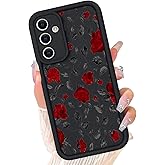 xoniery Compatible with Samsung Galaxy A15 / A15 5G Case, Cute Floral Silicone, Senior Shockproof Protection and Anti-Scratch for Soft Slim Black Phone Cover for Women Girls-Red Rose