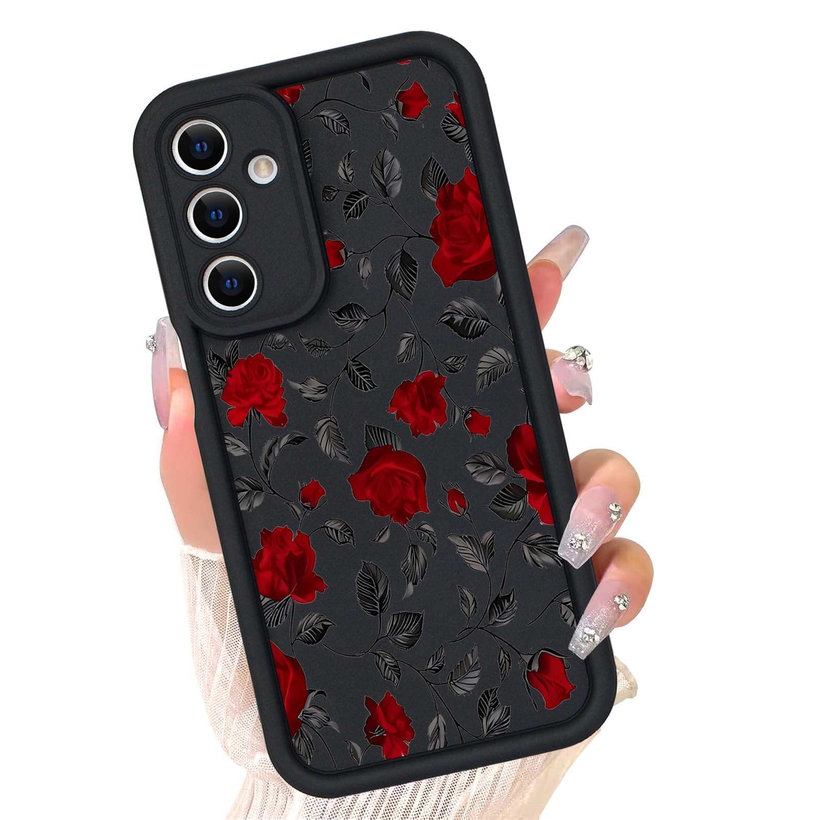 Photo 1 of xoniery Compatible with Samsung Galaxy A15 / A15 5G Case, Cute Floral Silicone, Senior Shockproof Protection and Anti-Scratch for Soft Slim Black Phone Cover for Women Girls-Red Rose
