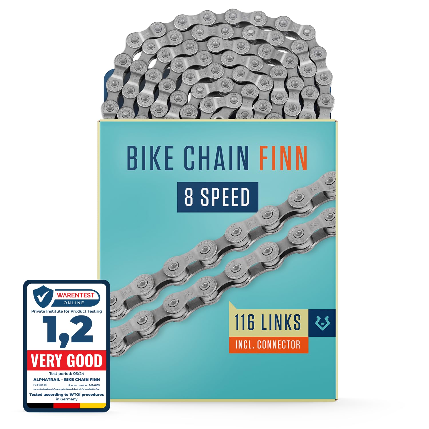 Alphatrail Bike Chain Finn 5-, 6-, 7-, 8-Speed 116 Links I Compatible with Shimano, SRAM, KMC, Connex I Incl. Chain Lock