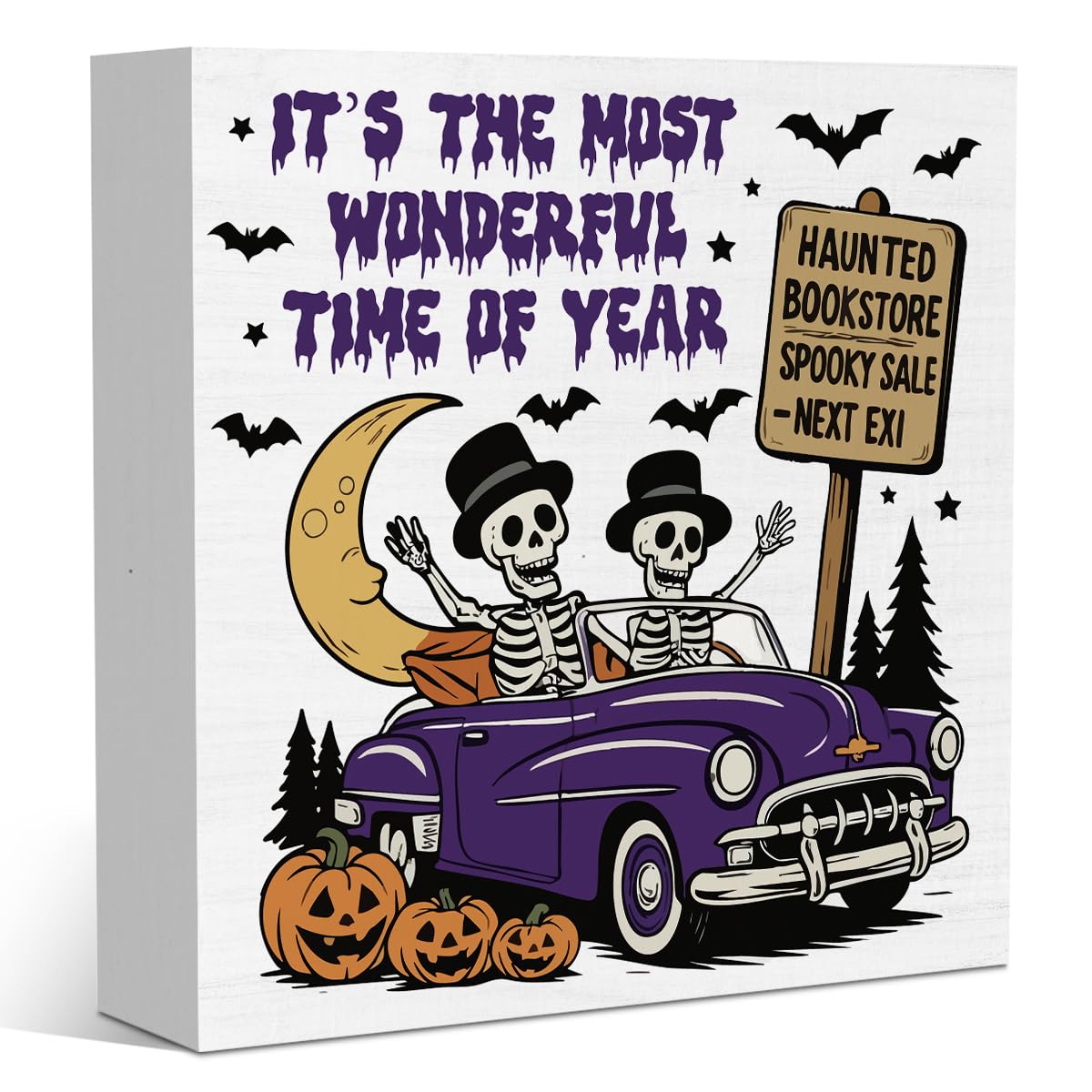 Photo 1 of Halloween Skeleton Horror Decor Gifts for Women Men Its The Most Wonderful Time Halloween Purple Wood Decorations Sign for Home Farmhouse Office Bathroom Living Room Kitchen Desk Shelf 5 x 5 Inches