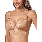 HANSCA Women's Plunge Deep U Bra Cleavage Push Up Low-Cut Plunging Bras Convertible Padded Support