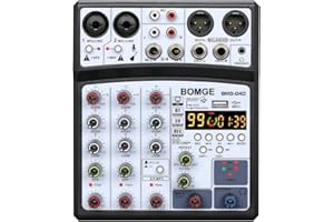 BOMGE 04D portable bluetooth 4 Channel DJ audio sound mixer mixing console with usb interface, 48V Phantom Power input, 16 Echo effects for recording, live streaming, singing (Black)
