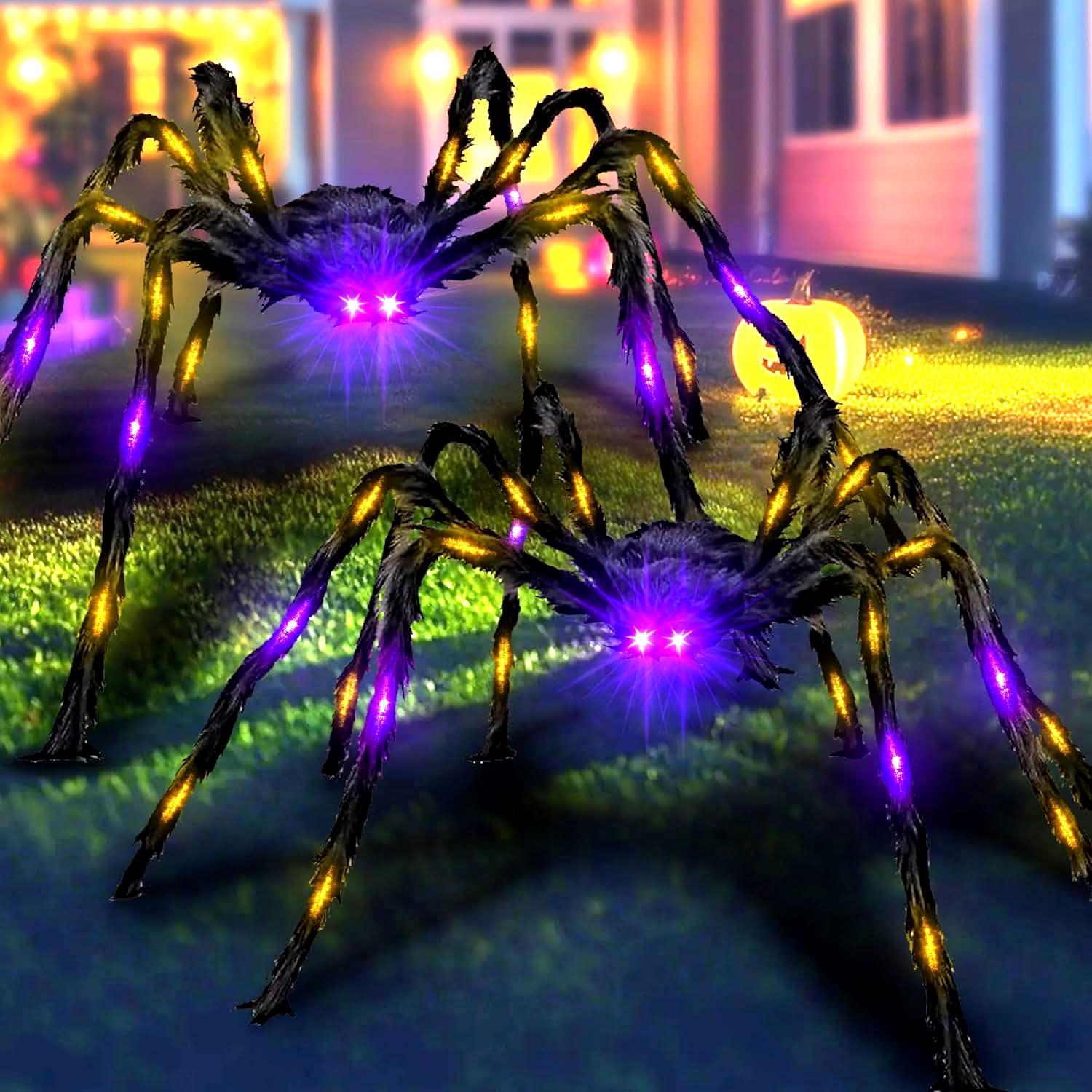 Photo 1 of 2 Pack 6.6FT Halloween Giant Spider,Light up Spider with 36 Purple and Orange Lights,Light up Halloween Decorations Outside,for Yard Haunted House Window Party Porch Indoor Outside Decor