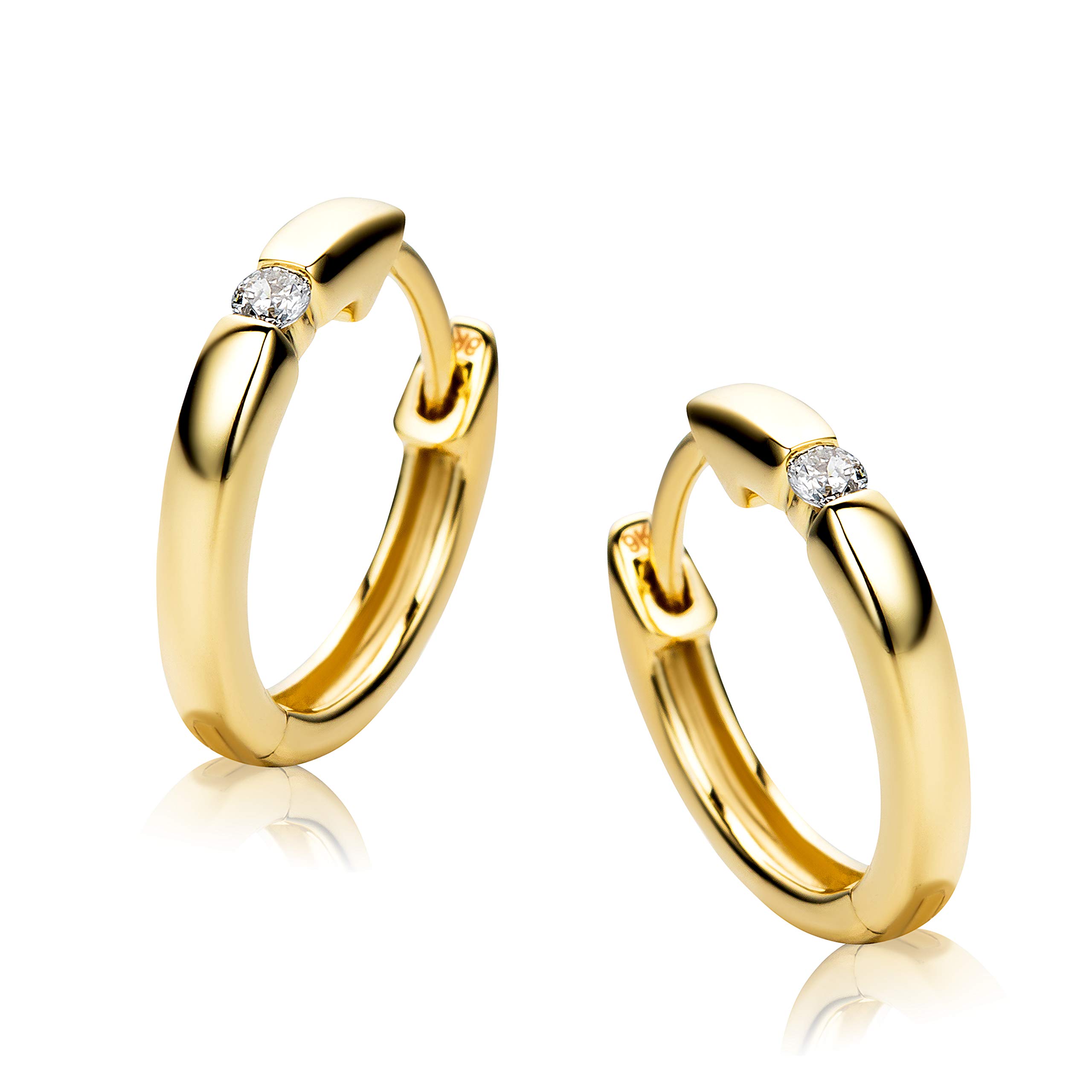 Orovi Yellow Gold Earrings for Women with Diamonds in 9 Carat Gold, Hypoallergenic Earrings - handmade hoops with jewellery box