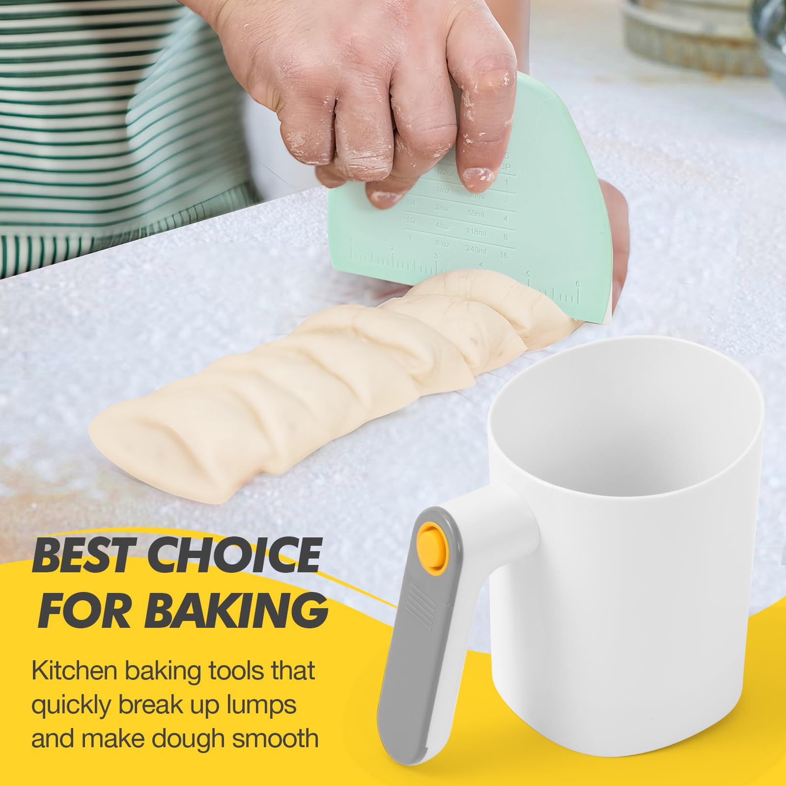 Electric Flour Sifter, Battery Operated Flour Sifter for Baking with Dough Scraper, Ergonomical Handle Flour Sieve for Cooking, Pastry Baking, Easy to Clean