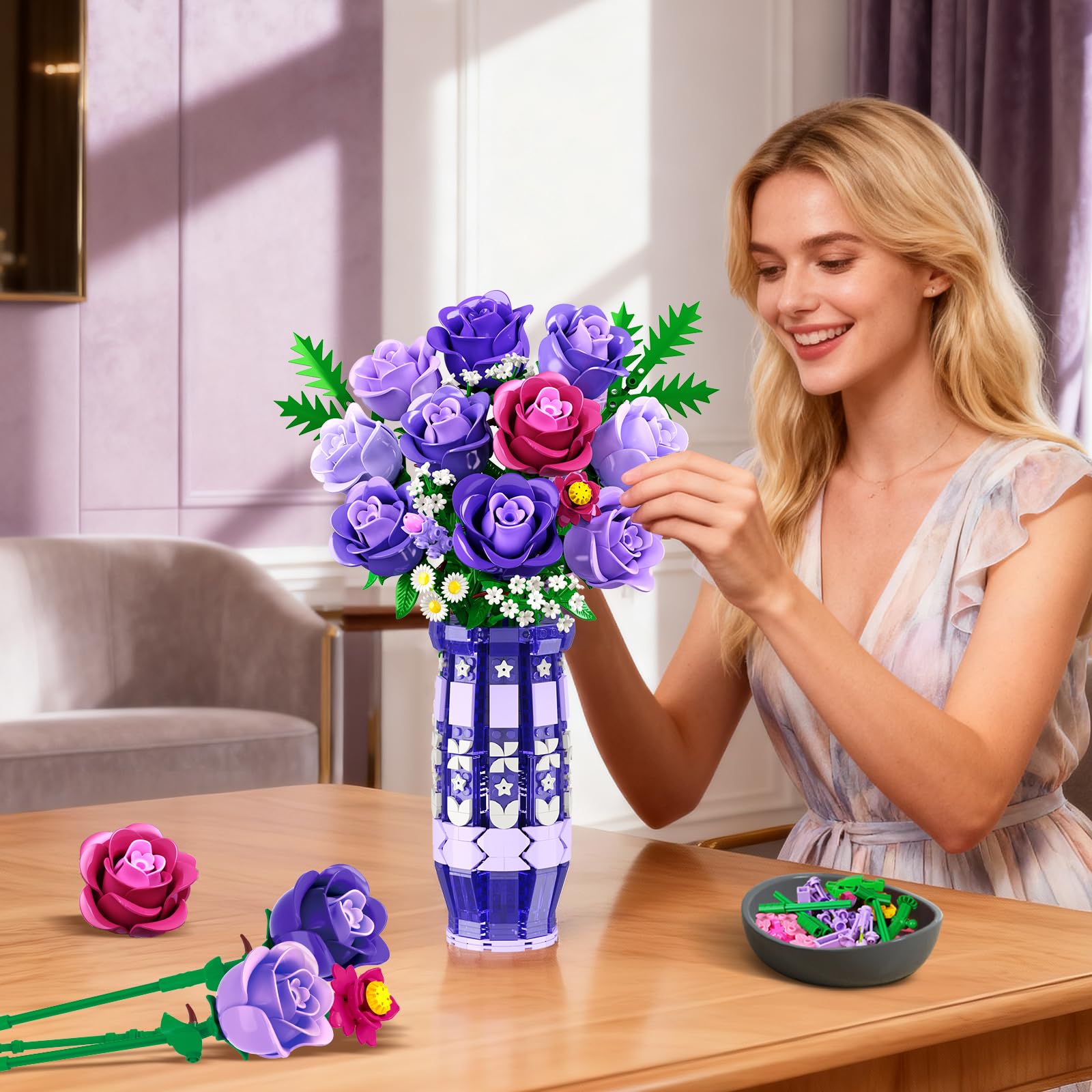 CUBIMANA Lila Rosen Blumen-Bauset mit Vase und LED-Licht, 17 Mini-Blumenstrauß-Bausteine, künstliche Blumen für Zuhause und Büro, Geschenk für Erwachsene, Frauen und Mädchen ab 12 Jahren 3