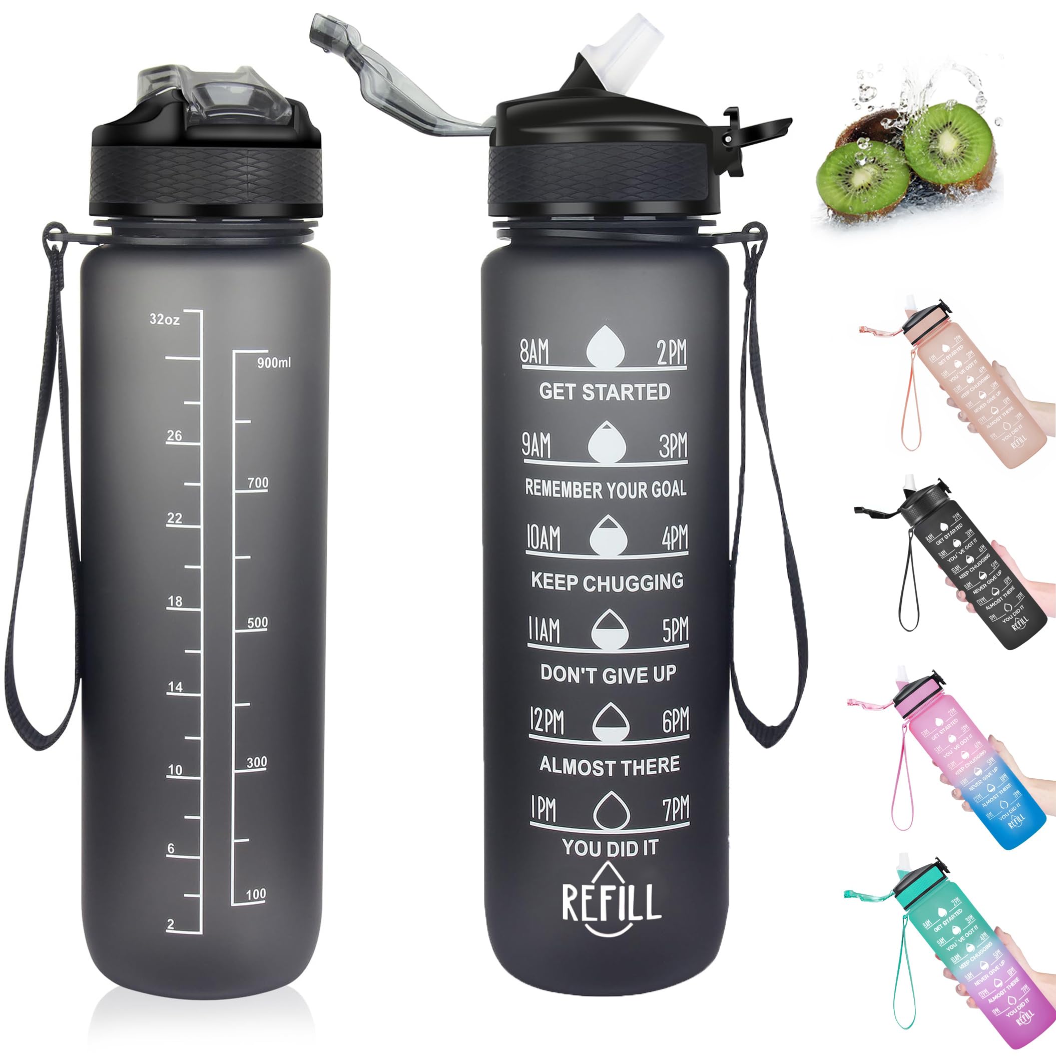 Lepat 1L Sport Water Bottle with Straw, Leakproof Design Plastic Drinks Bottle, Sports Water Bottles with Time Markings, BPA Free Sports Drinks Bottle for Fitness, School, Gym, Outdoor Sports (Black)